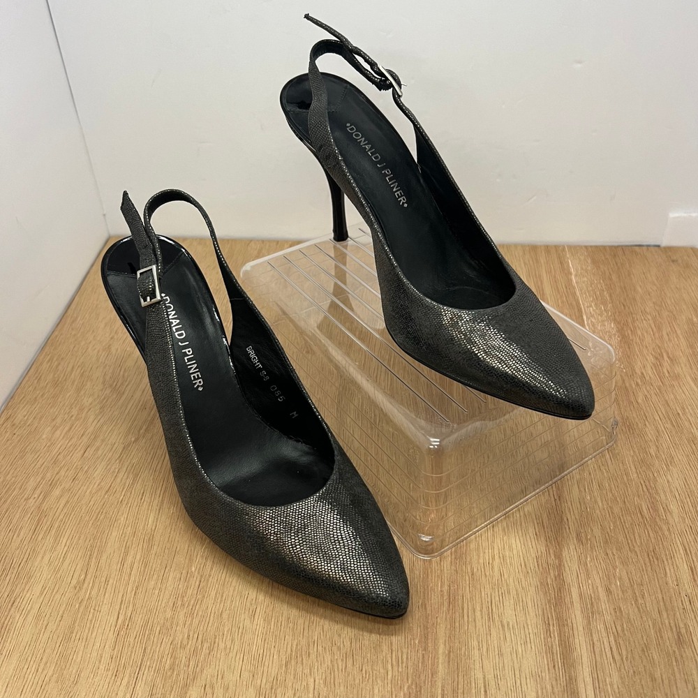 Donald J Pliner Bright Slingback Pumps Women 8.5 Pewter Metallic Lizard Embossed